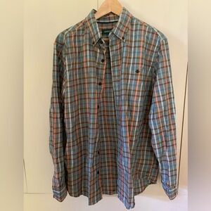 Orvis Men's Blue and Orange Plaid Shirt